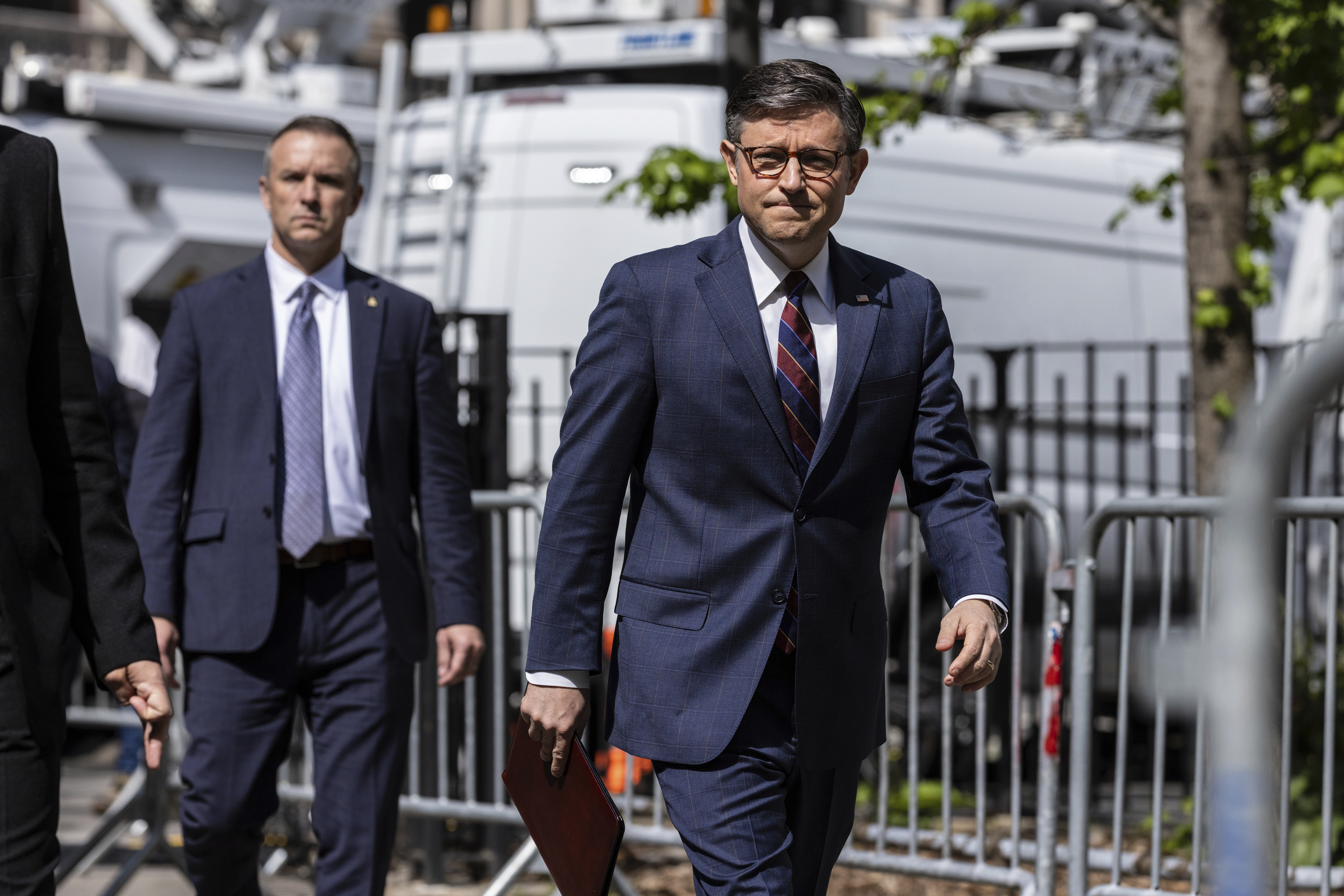 U.S. Speaker of the House Mike Johnson arrives at a press conference across the street from the Manhattan criminal court, Tuesday, May 14, 2024, in New York.(AP Photo/Stefan Jeremiah)