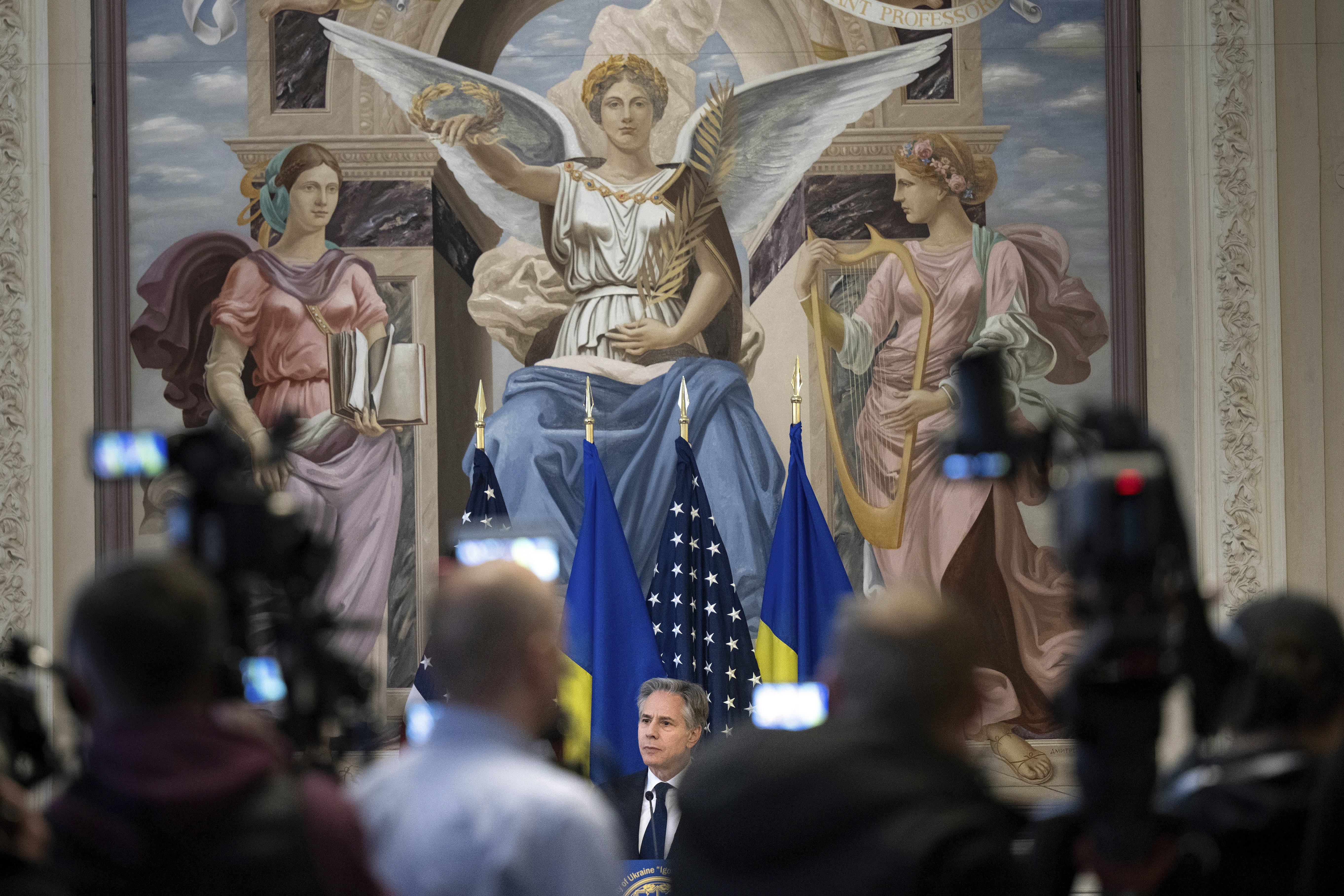 U.S. Secretary of State Antony Blinken addresses students and and professors in Igor Sikorsky Polytechnic Institute in Kyiv, Ukraine, Tuesday, May 14, 2024. Blinken arrived in Kyiv on Tuesday in an unannounced diplomatic mission to reassure Ukraine that it has American support as it struggles to defend against increasingly intense Russian attacks. (Brendan Smialowski/Pool via AP)
